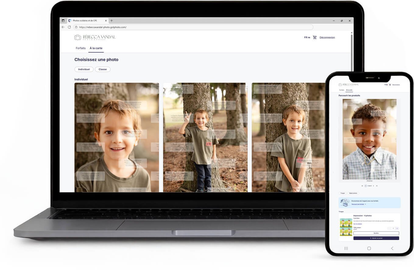 Un ordinateur portable et un smartphone affichent une interface de sélection de photos pour des portraits d'enfants, montrant plusieurs options de photos et les détails de la commande sur les écrans.