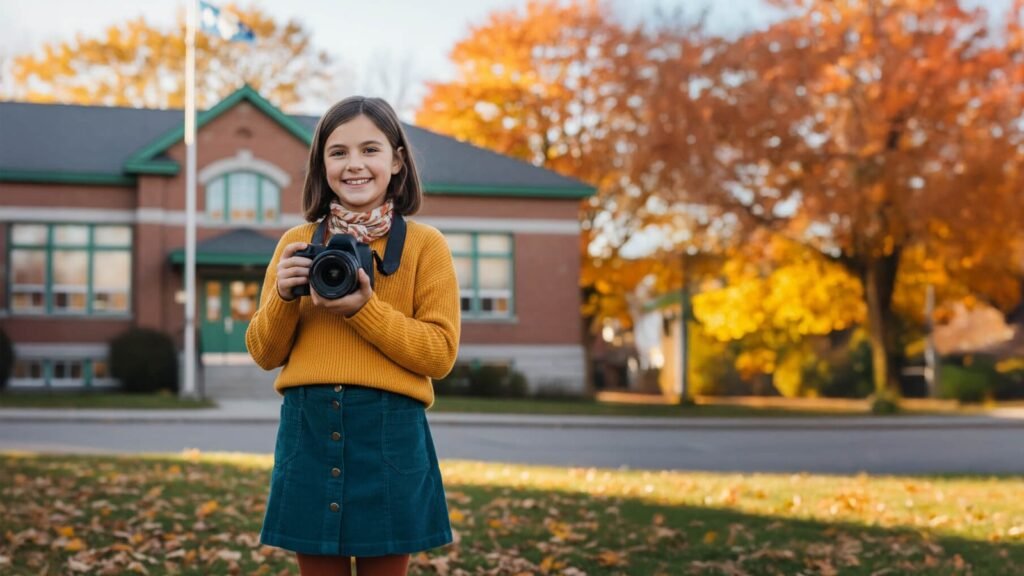 Service photo scolaire pour écoles et CPE 1 Portrait scolaire naturel d’une fillette souriante dans un décor lumineux – Clic & Craie Granby