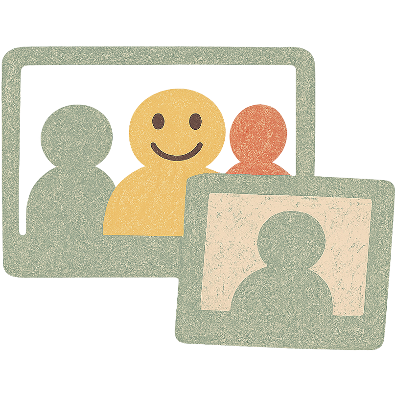 Illustration de trois figures humaines texturées et simplifiées à l'intérieur d'un cadre rectangulaire, comme une scène joyeuse d'une école scolaire de Granby ; la figure centrale est jaune et souriante, flanquée d'une verte et d'une orange. À l'avant, un cadre plus petit montre une seule figure verte.