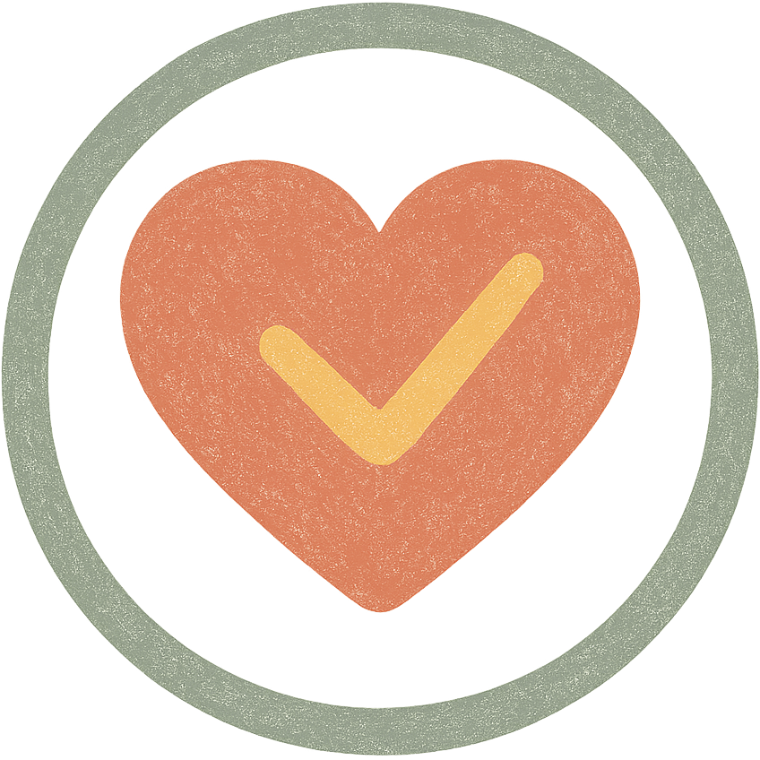 Un cœur orange texturé avec une coche jaune à l'intérieur est centré dans un cercle vert sur un fond blanc, évoquant l'esprit joyeux des souvenirs de la photo scolaire.