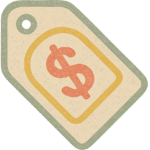 L'illustration texturée d'une étiquette de prix avec un grand dollar rouge au centre, soulignée de jaune et bordée de vert, évoque le style vibrant que l'on voit souvent dans les toiles de fond des photos scolaires.