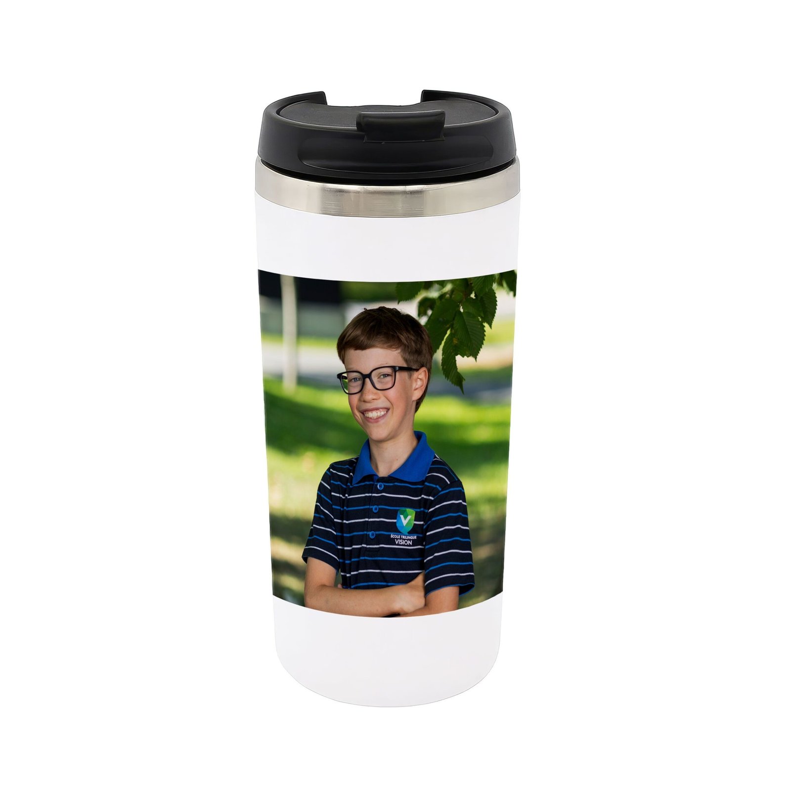 Tasse de voyage de 14 oz personnalisée avec une photo scolaire