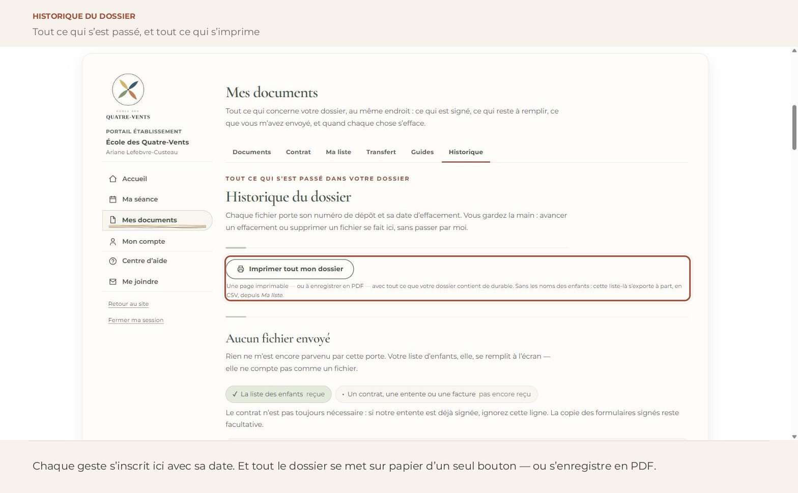 Capture d’écran — Historique du dossier