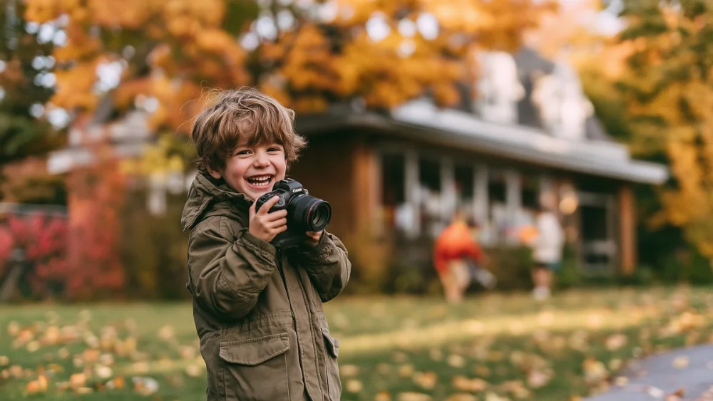 Jeune enfant souriant qui tient un appareil photo dehors, en automne