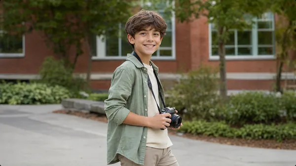 Garçon d’âge scolaire souriant avec un appareil photo devant une école – Clic & Craie