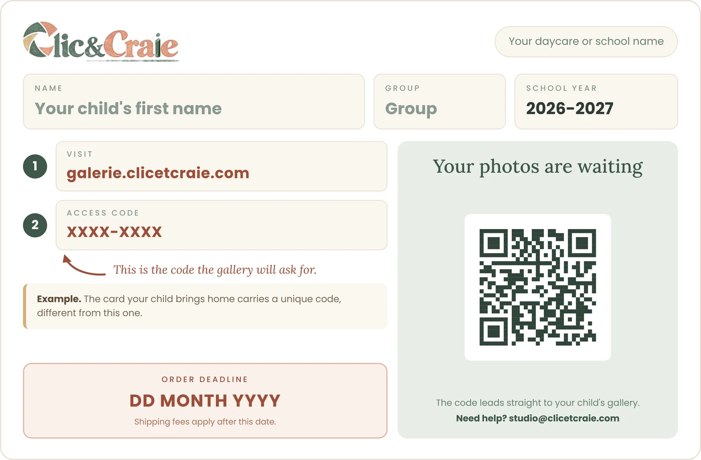Example Clic & Craie access card with a fictitious code XXXX-XXXX and a QR code