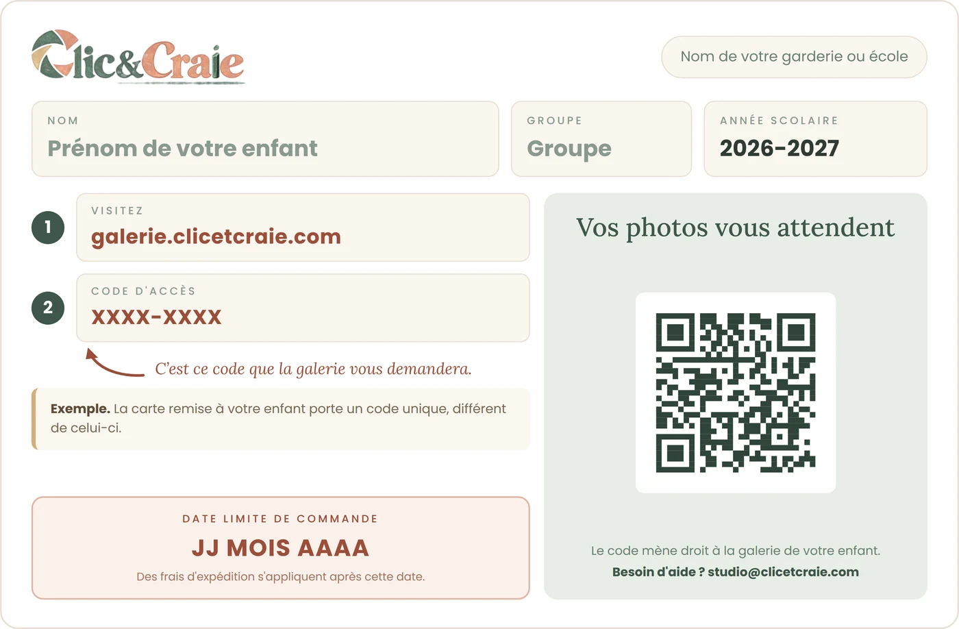 Exemple de carte d’accès Clic & Craie avec un code fictif XXXX-XXXX et un code QR
