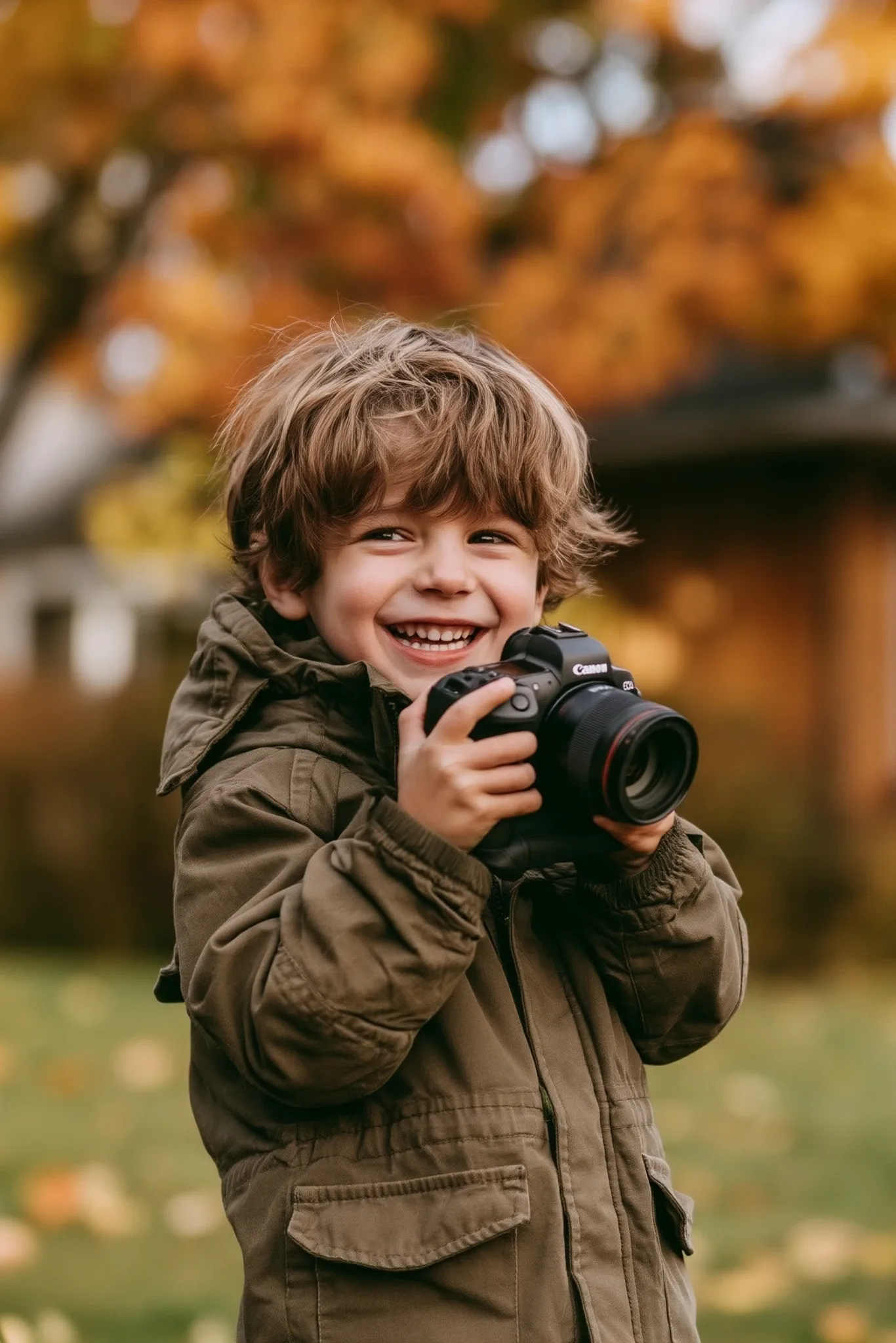 Jeune enfant souriant qui tient un appareil photo, dehors en automne