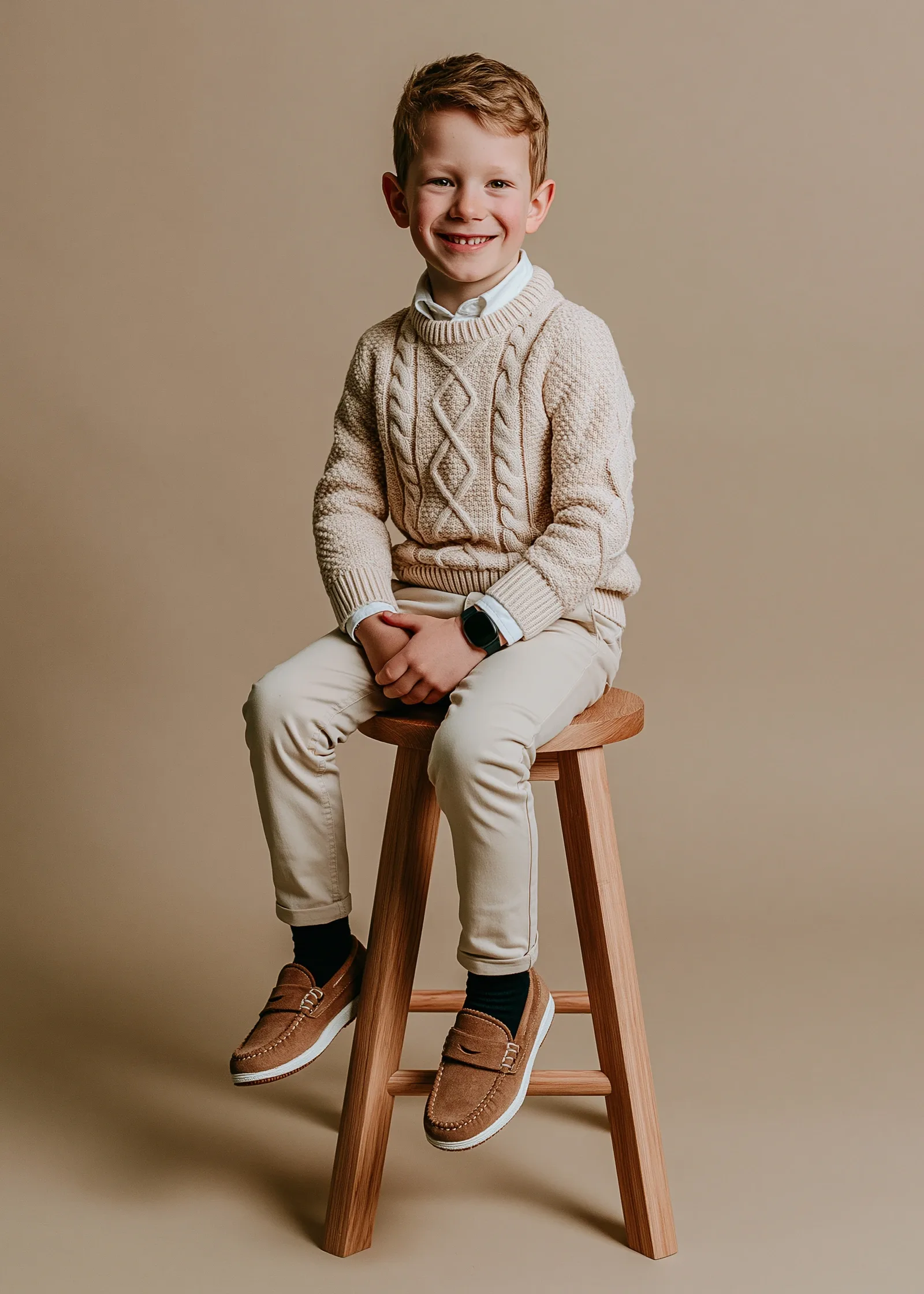 Garçon assis sur un tabouret devant un fond uni beige, dans le studio mobile de Clic & Craie