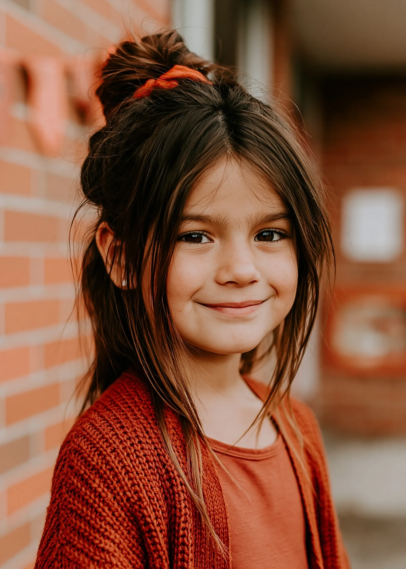 Portrait scolaire d’une élève souriante devant le mur de brique de son école