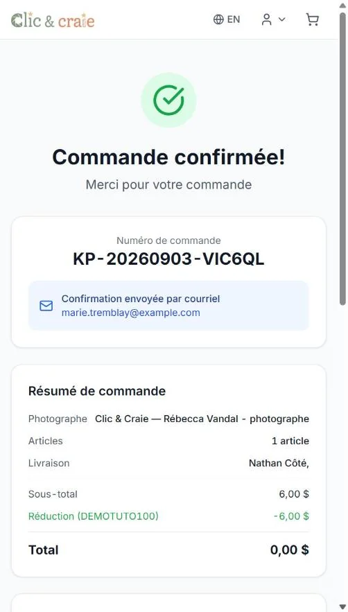 La commande confirmée — étape 21 du guide, sur téléphone