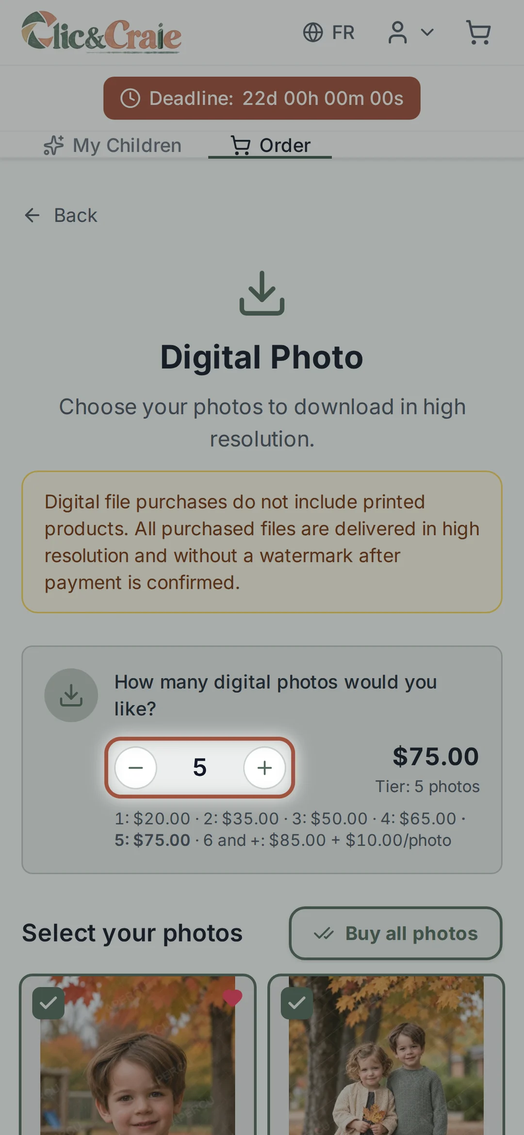 The digital file price tier — step 11, on a phone