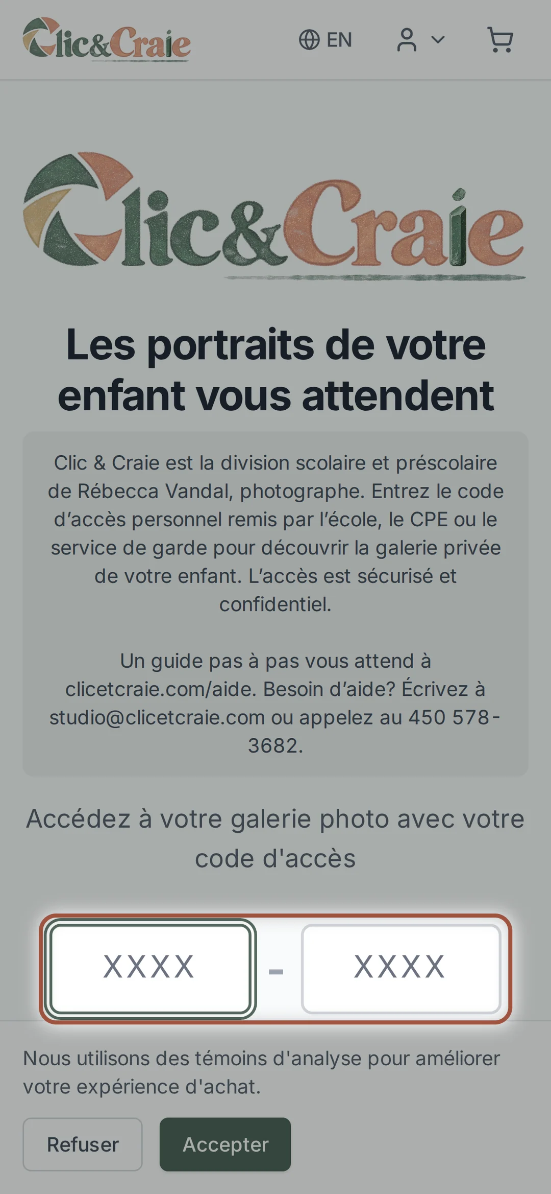 L’accueil de la boutique — étape 1, sur téléphone