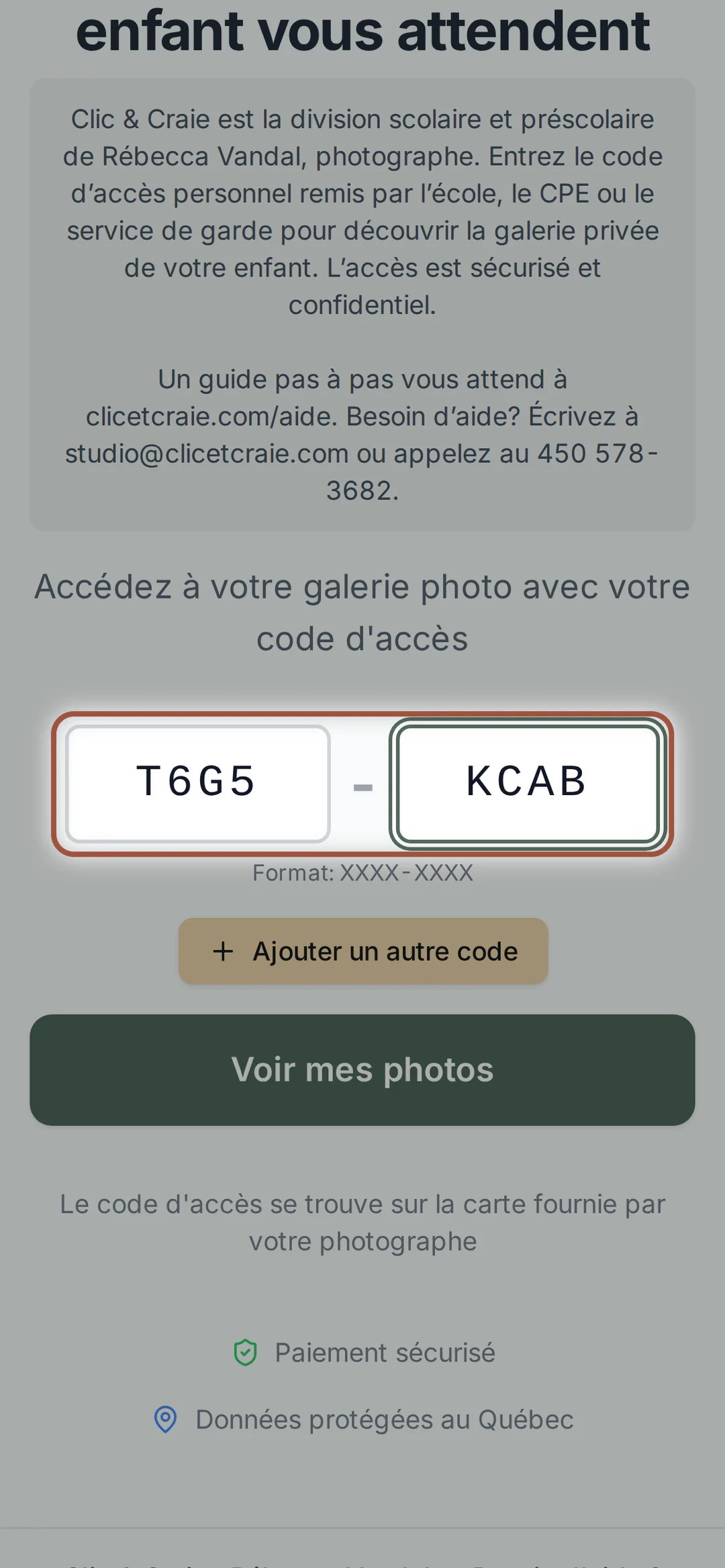 Le code d’accès saisi — étape 2, sur téléphone