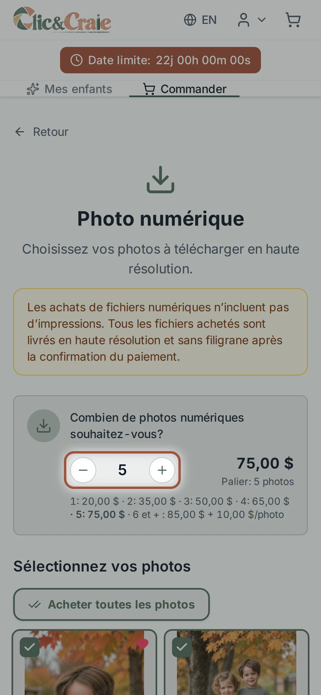 Le palier de prix des fichiers numériques — étape 11, sur téléphone
