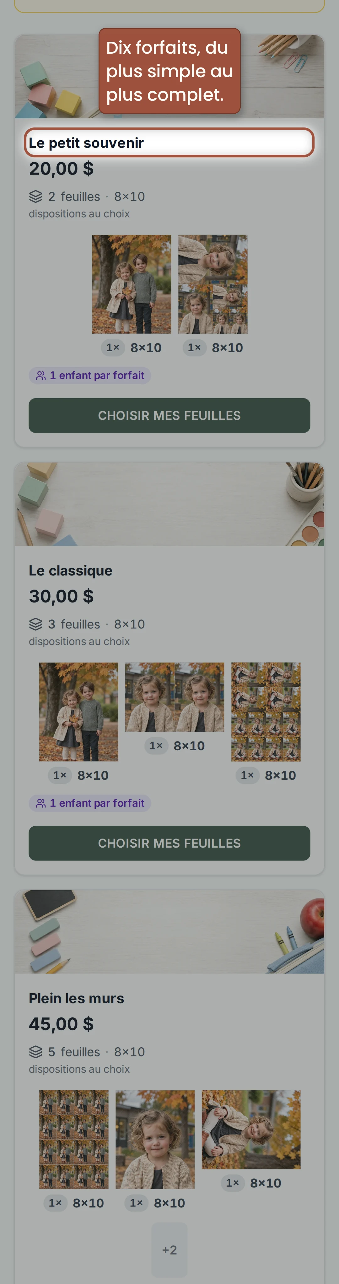 Les forfaits disponibles — étape 18, sur téléphone