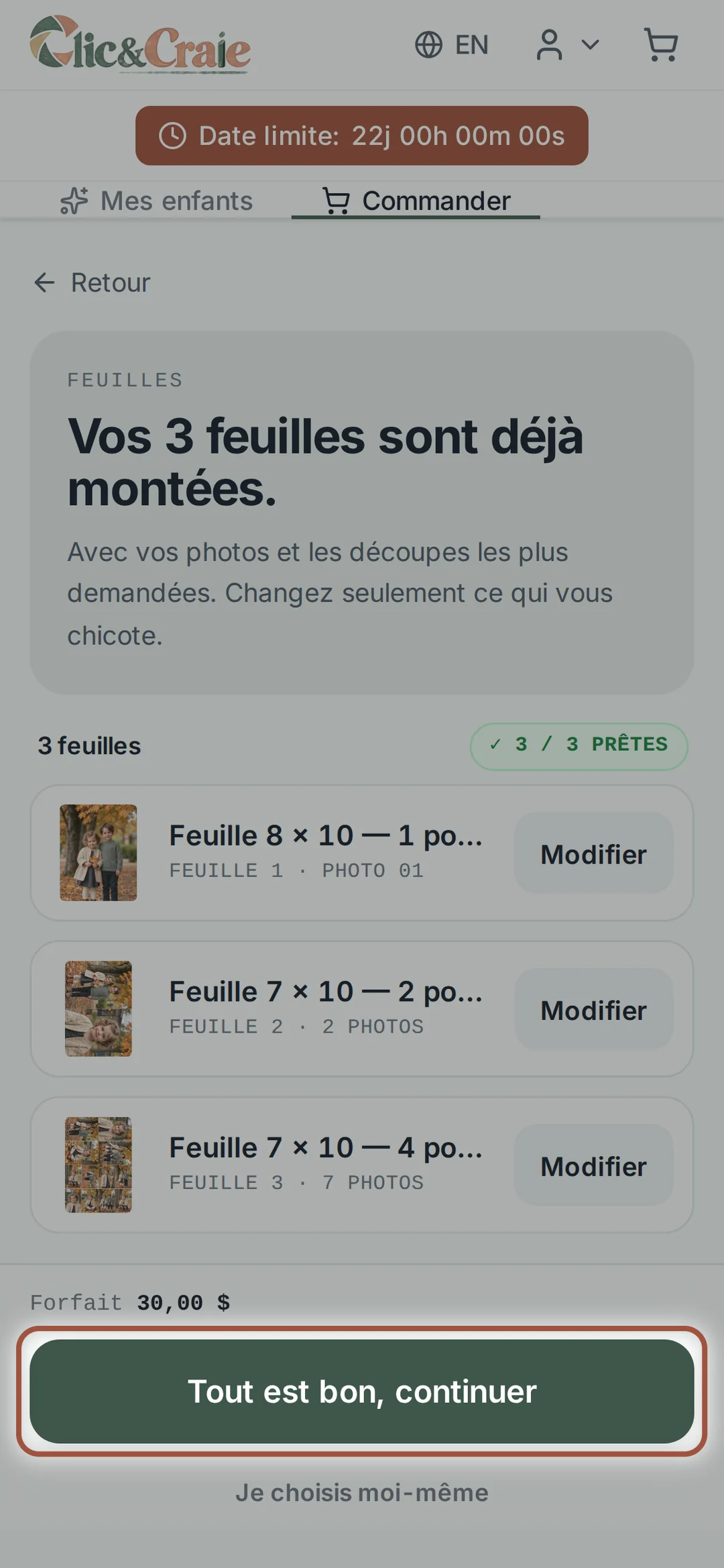 Les feuilles du forfait déjà montées — étape 19, sur téléphone