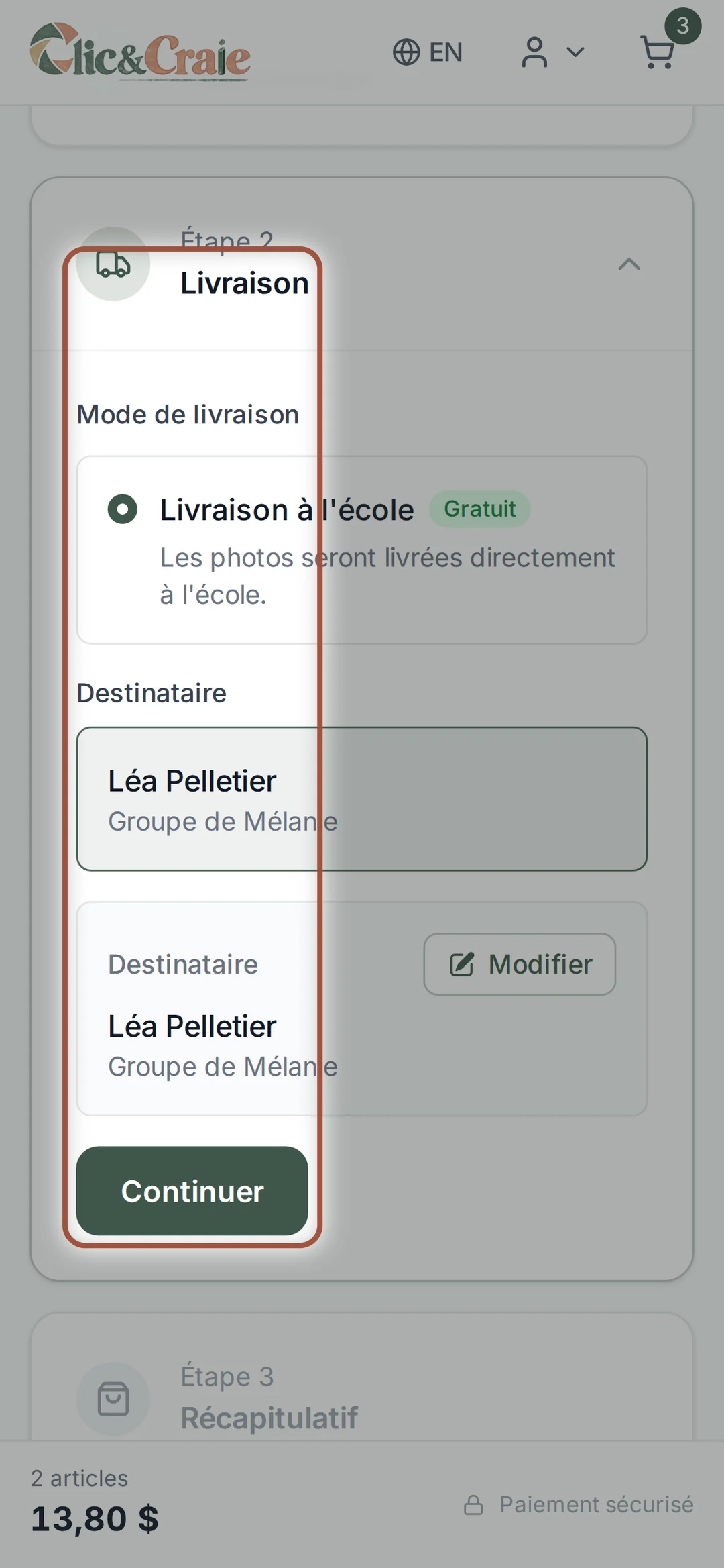 La livraison de la commande — étape 27, sur téléphone