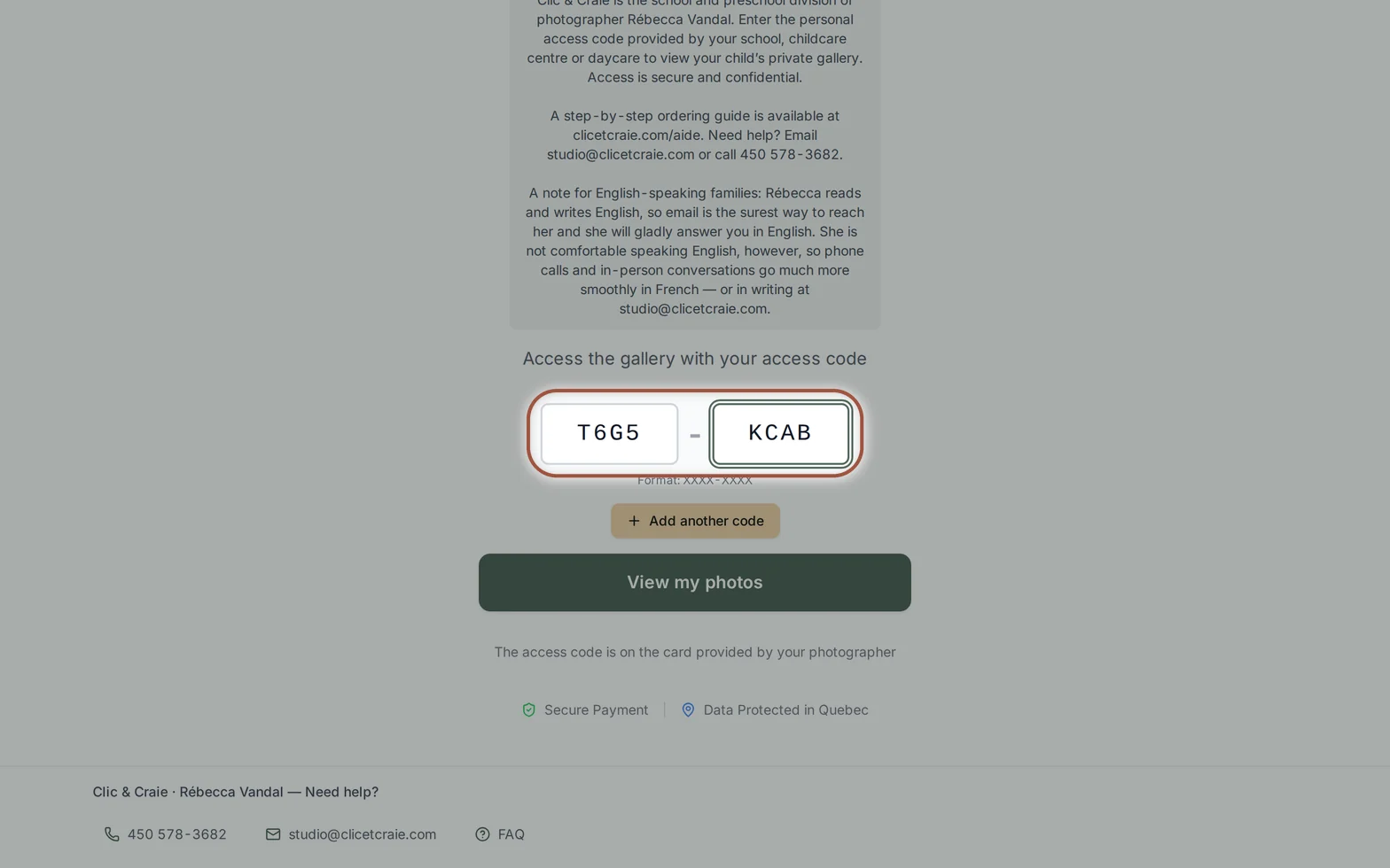 The access code entered — step 2