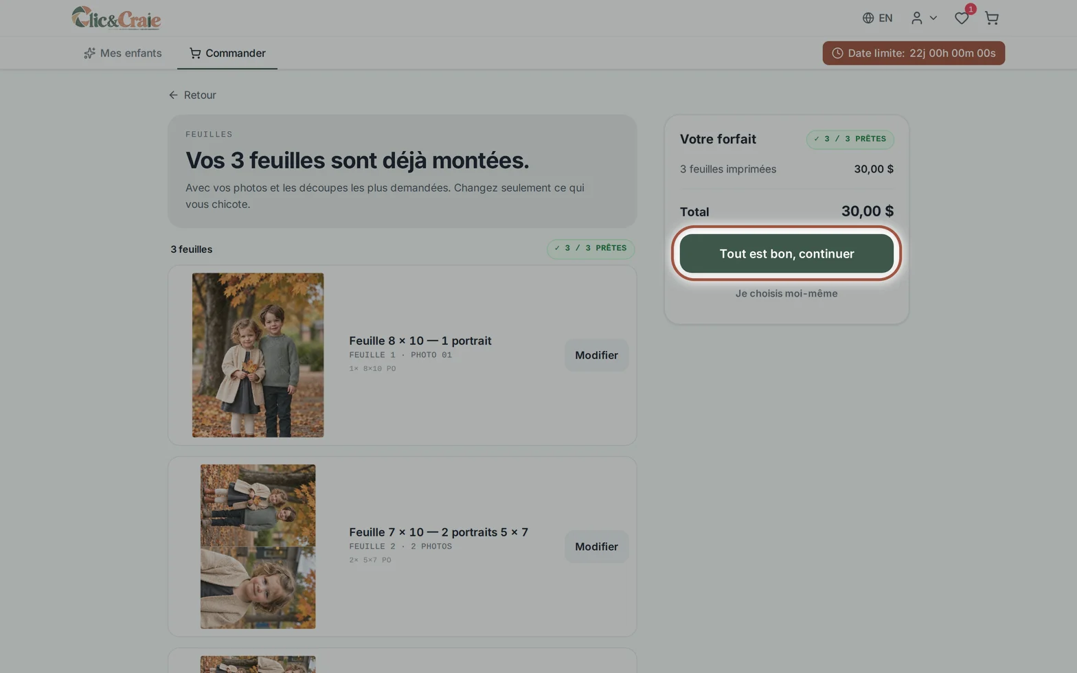 Les feuilles du forfait déjà montées — étape 19