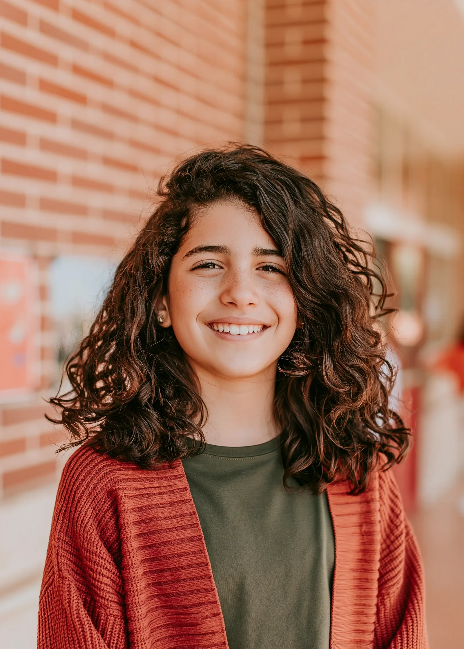 Portrait scolaire d’une élève aux cheveux bouclés devant un mur de brique