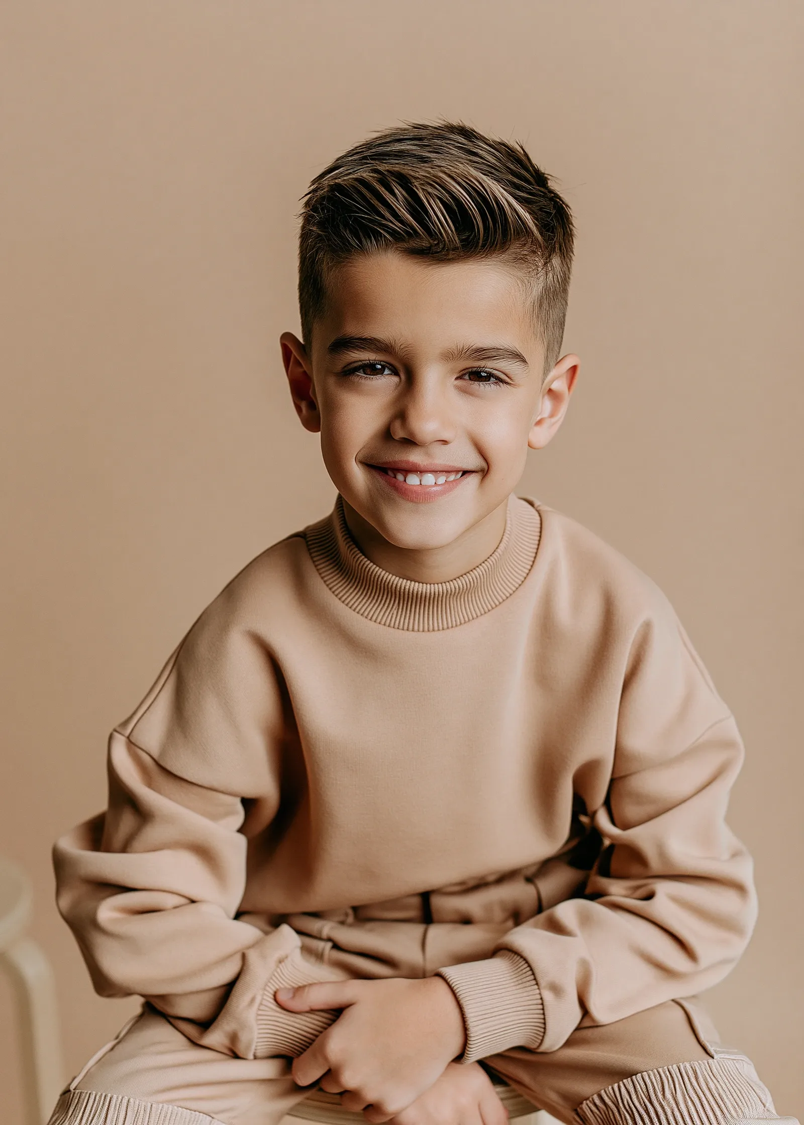 Portrait scolaire d’un garçon souriant devant un fond uni beige