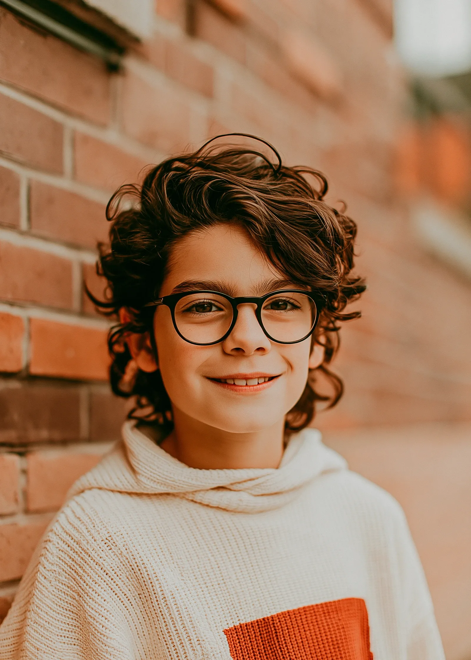 Portrait scolaire d’un garçon à lunettes devant un mur de brique