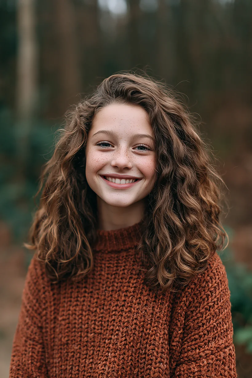 Portrait scolaire naturel d’une élève souriante aux cheveux bouclés, à l’extérieur près des arbres