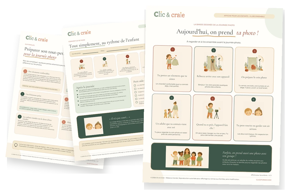 Aperçu du guide de préparation pour les familles et de l’affiche illustrée destinée aux enfants